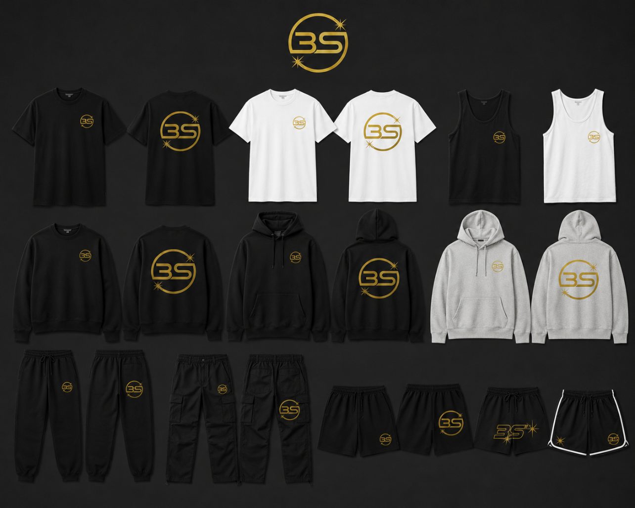 3S apparel lineup: tees, tanks, crewnecks, hoodies, joggers, cargo pants and shorts