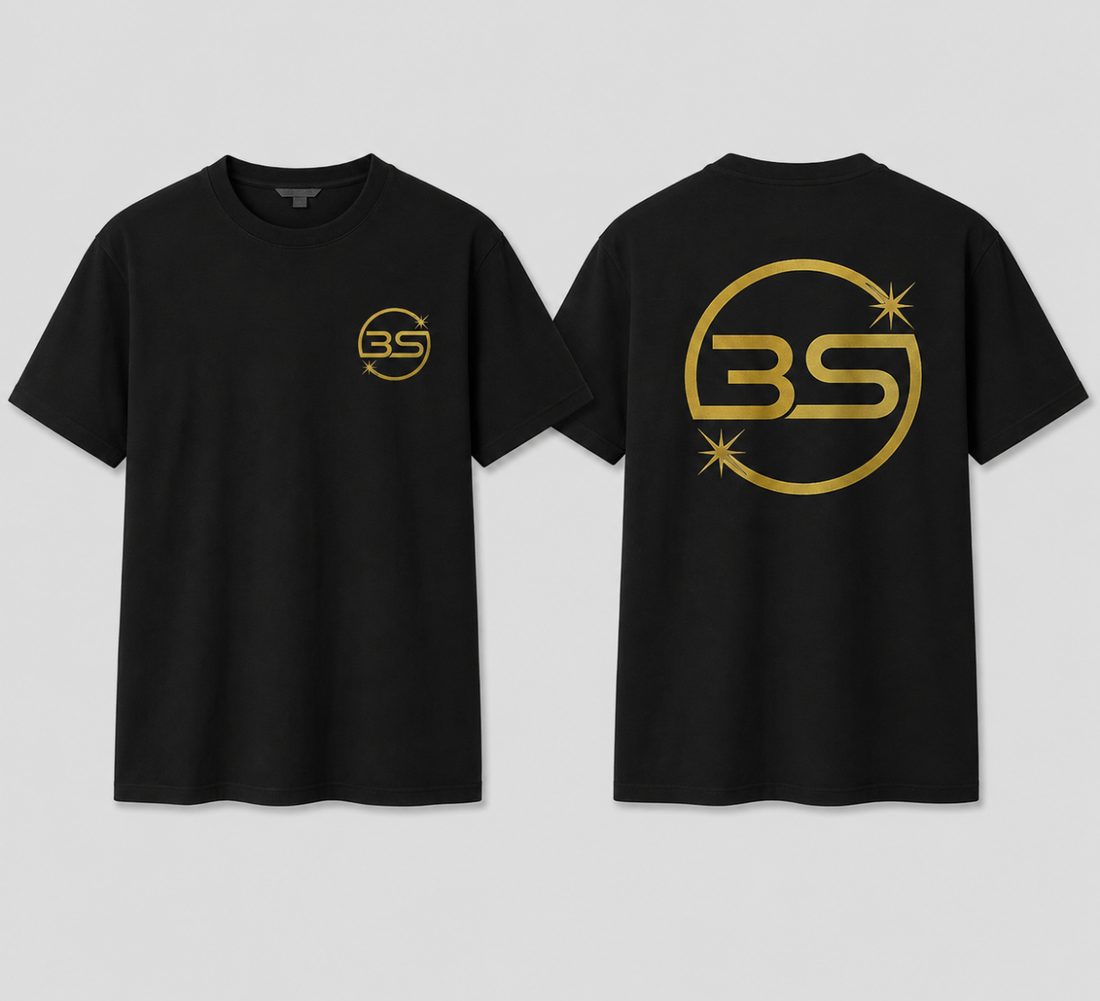 Black 3S tee, small chest logo on the front and large gold logo on the back